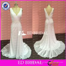 ED Bridal Sexy Custom Made White Chiffon V Neck mangas Open Back Long Prom Dress Com faixa frisada